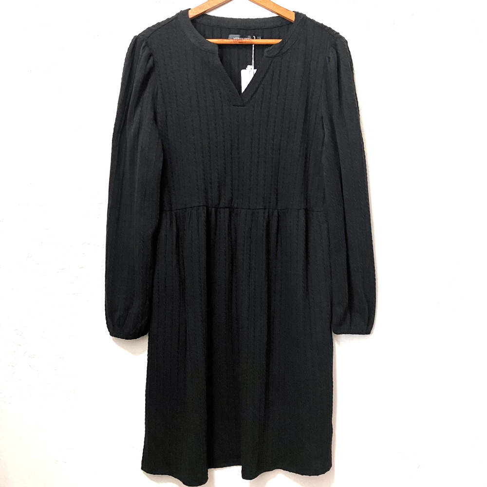 Merokeety XL Black Textured Sweater Dress Elastic Waist Long Sleeve NWT